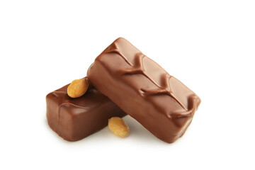 Chocolate bar with caramel and peanut isolated on white background.