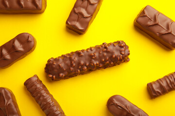 Mix of chocolate bars on yellow background. Top view.
