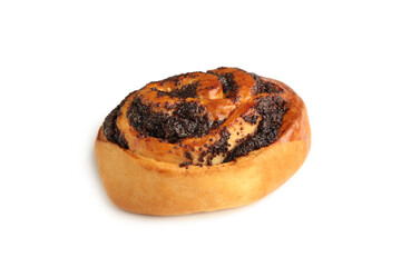 Bun with poppy seeds isolated on white background.