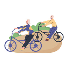 Happy senior couple riding bicycles in the park. Elderly man and woman lead an active lifestyle. Grandmother and grandfather spends time outdoors flat vector modern illustration in trendy colors