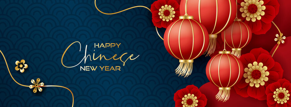 Chinese new year banner with lantern and flowers on blue background. Vector illustration for banner, flyers, posters, greeting cards, invitation.