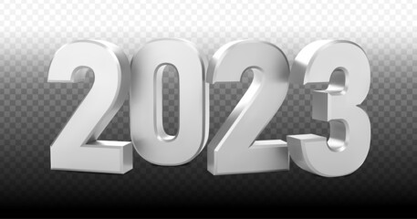 2023 silver decoration holiday on transparent background. Metallic numeral 2023. Happy new year 2023 holiday. Realistic 3d vector illustration