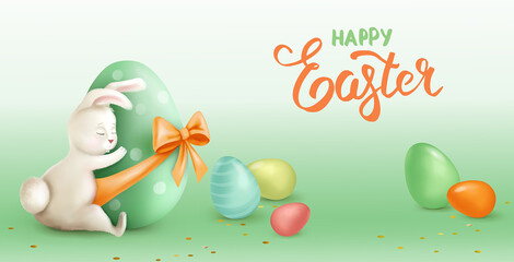Happy Easter holiday. Easter Rabbit hugs an egg. Realistic vector illustration. Easter banner.