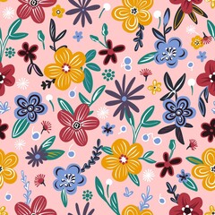 Fototapeta na wymiar Seamless pattern. Hand-drawn Artistic Naive Flowers are multicolored on a pink background. Spotted Floral Print. Simplified bright plants in the ornament. Vector.