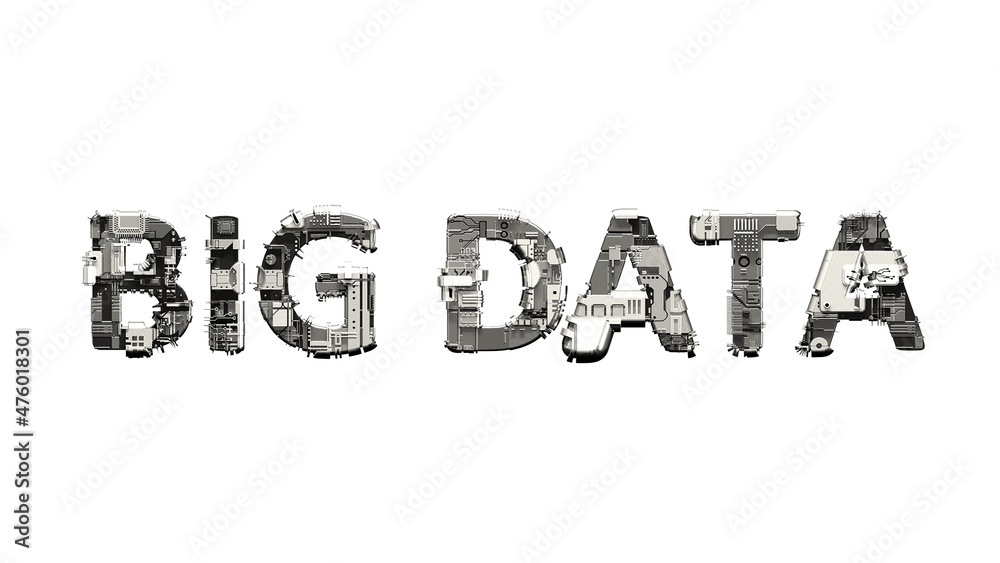 Poster big data text of technogenic scrap metal cyber details, isolated - object 3d rendering