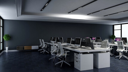 modern office workspace area with blank wall 3d design interior