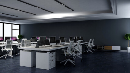modern office workspace area with blank wall 3d design interior