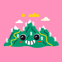 Obraz na płótnie Canvas Vector illustration of abstract funny mountain character. Contemporary comic doodle face smiling. Colorful retro element of landscape with hills for print, poster, card, collage design