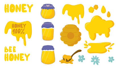 Vector set of honey jars, wooden spoon, beehive, drops, bee lettering, drips, drops, dies for text. Cartoon, flat style. Use for postcards, T-shirt printing, for children, advertising, brochures