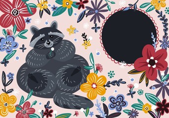 Funny raccoon in flowers with a place for an inscription. Horizontal postcard banner. Illustration in a naive hand-drawn style. Vector.