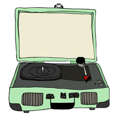 Vector image of a vinyl record player. Green color. Music. Hand-drawn. Logo design, posters, postcards, holiday invitations, decor, stickers.