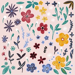 A set of elements of plants and flowers. Hand-drawn Artistic Naive Flowers are multicolored on an isolated background. Simplified bright plants. Vector.