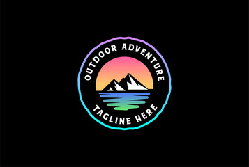 Sunset Sunrise with Ice Mountain and River Creek Lake Sea for Outdoor Adventure Badge Emblem Label Logo Design