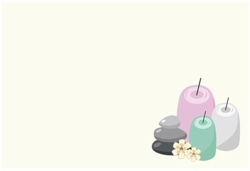 Set of fragrant vanilla candles. Three candles, massage stones and vanilla flowers. Minimalistic template with free space for text. For relaxation, spa, intimate romance. Isolated vector flat design.