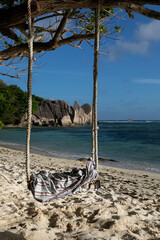 There is a rope swing in the middle in focus againts a backdrop of white sand paradise beach. The swing ropes are attached to thick tree branches. Romantic tropical island landscape.