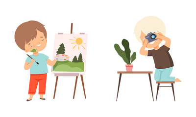 Little Boy with Paint Brush Drawing Picture on Easel and Taking Photo with Camera Vector Set