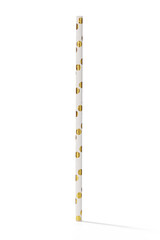 Detailed shot of a white paper straw decorated with a golden polka dot print. The shiny print cocktail straw is isolated on the white background.