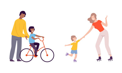 Young Parent with His Kid Teaching Riding Bicycle and Roller Skating Vector Set