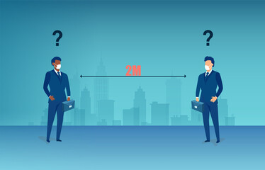 Vector of two confused businessmen keeping social distance