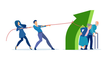 Vector of young employees trying to raise economic projection an arrow, burdened by social security program payments