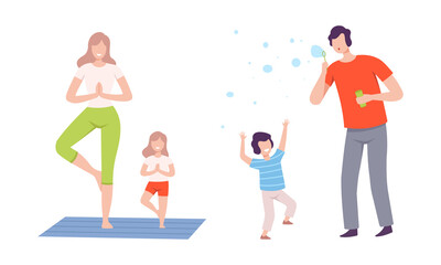 Young Parent with His Kid Blowing Soap Bubbles and Doing Yoga Vector Set