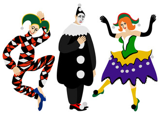 Сharacters of the mask comedy. Harlequin, Pierrot, Columbine. Commedia dell'arte. Italian street theater. - obrazy, fototapety, plakaty