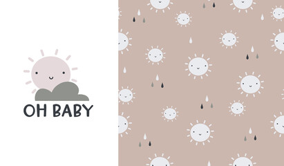 Cute seamless patterns and lettering - oh baby . Creative childish print for fabric, wrapping, textile, wallpaper, apparel. Vector cartoon illustration in pastel colors