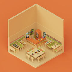 3d rendered isometric voxel restaurant with dining tables and 
foods. pixel style food and drink concept illustration.