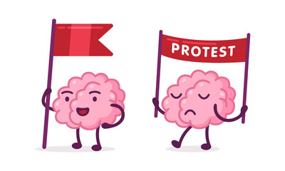 Funny Brain Character with Flag on Pole and Holding Protest Banner Vector Set