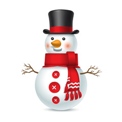 Smiling Christmas snowman with top hat and red scarf isolated on white background. Vector illustration