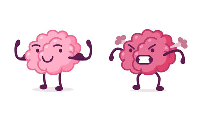 Funny Brain Character Smiling and Steaming with Anger Vector Set