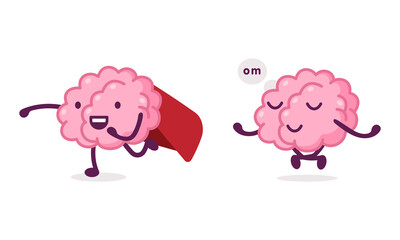 Funny Brain Character in Superhero Cloak and Meditating in Yoga Pose Vector Set
