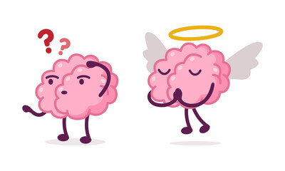 Funny Brain Character Scratching Head Searching for Answer and with Nimbus and Angel Wings Vector Set