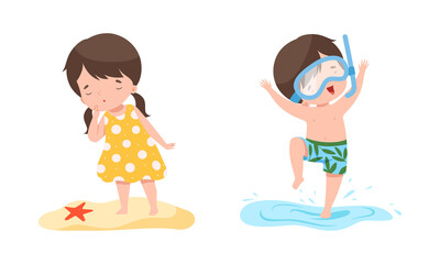 Little Boy with Snorkeling Tube and Girl Watching Starfish on Sand Vector Set