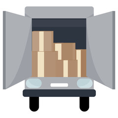 Open truck with boxes, cargo, goods. Fast shipping. Vector image