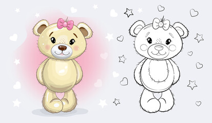 Christmas  Cute Cartoon Teddy  Girl Bear. Baby  doll vector illustration. Coloring page.