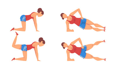 Woman in Shorts Doing Sport Workout and Strength Exercise Standing in Side Plank Vector Set