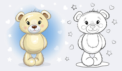 Christmas  Cute Cartoon Teddy  Boy Bear. Baby  doll vector illustration. Coloring page.