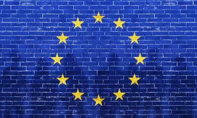 The refugees migrate to Europe union. Silhouette of illegal immigrants. Europe Union flag