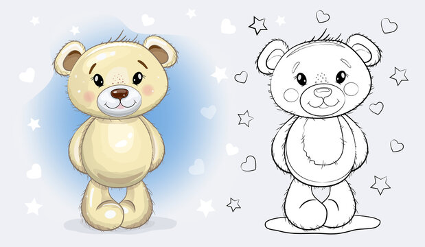 Christmas  Cute Cartoon Teddy  Boy Bear. Baby  doll vector illustration. Coloring page.