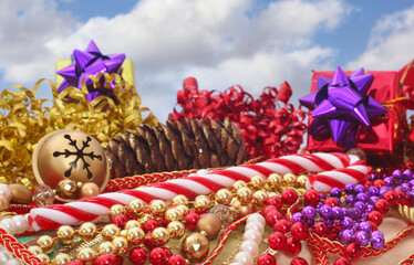 Christmas Decorations Pine Cone and Beads Close up