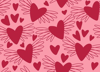 Valentines seamless pattern with hearts with wings for gifts and cards and linens and kids and fabrics 