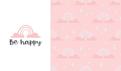 Rainbow cute patterns and lettering - be happy . Creative childish print for fabric, wrapping, textile, wallpaper, apparel.Vector cartoon illustration in pastel colors