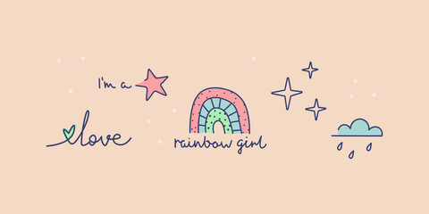 Set of minimalistic design tattoos. Rainbow, rain cloud, stars, lettering I'm a superstar, love. Cute illustration for design, sticker. Vector line art.