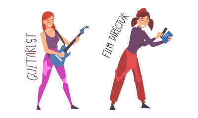 Woman Film Director with Clapperboard and Guitarist Playing Guitar Having Creative Profession Vector Set