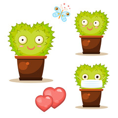 Vector isolated collection of cute heart-shaped cacti in a pot. Smiling cartoon prickled cactus is fall in love with its soul mate, a butterfly. Cactus is wearing a medicine mask. Cactus is goggling.