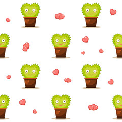 Seamless vector pattern with hearts and cute heart shaped cactus in a pot which is smiling and goggling with wide opened eyes. Background about love with rows of nice cartoon prickled cacti.