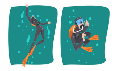 Scuba Diving Man with Breathing Equipment and Flippers Diving Underwater Vector Set