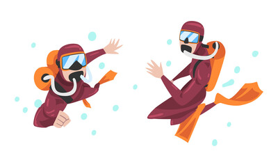 Scuba Diving Man and Woman with Breathing Equipment and Flippers Diving Underwater Vector Set