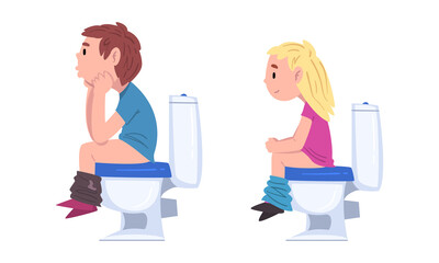 Little Boy and Girl Sitting on Toilet Bowl Vector Set
